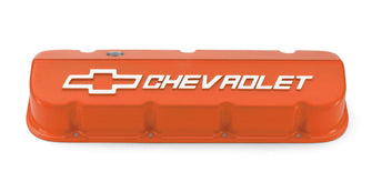 Orange Powder-Coated Competition Big Block Valve Covers with Chevrolet and Bowtie Logo - 25534374